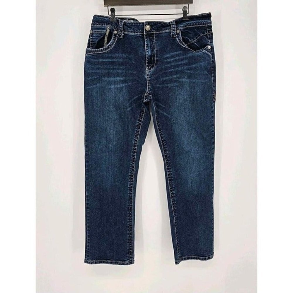 Western Blue Mens Stretch Straight Leg Dark Wash Unique Designed Back Po…